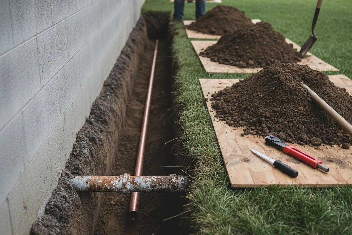 Excavated water line trench during Water Softener Installation in Paterson